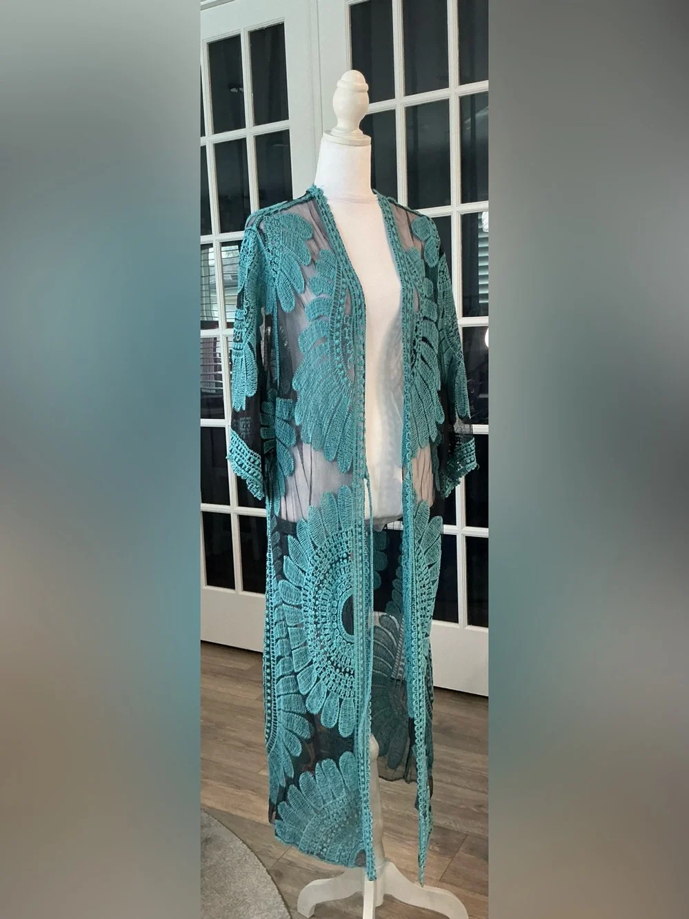 ASHA Turquoise Lace Mesh Duster Kimono Coverup Long Boho Beach Duster - One Size